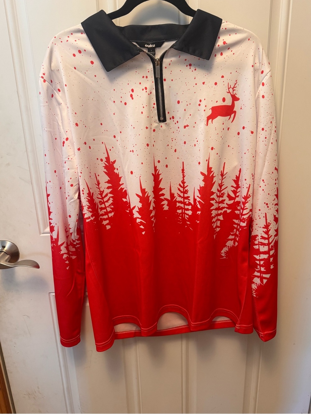 Men's Red & White Long-Sleeve Zip Polo Sweatshirt